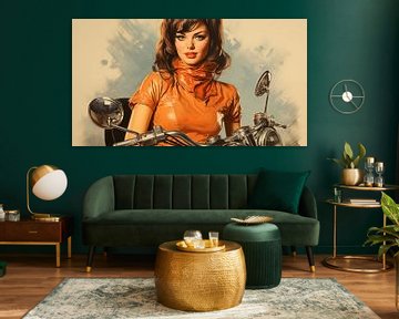 Vintage reclame 60s poster stijl vrouw op een motor in oranje latex kleding van Animaflora PicsStock