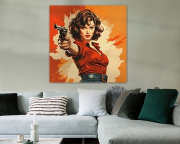 Pop art bewegingsontwerp met een vrouw uit de jaren 1950 die een pistool en stripstijl vasthoudt van Animaflora PicsStock
