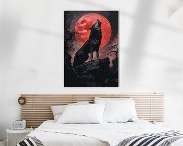Loup sous une lune rouge sang sur des rochers
