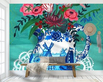 Colourful Dutch Naive flower still life with Delft Blue Vase by Anita Letuve
