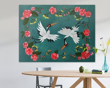 Tanzende Kraniche mit Rose Kelim