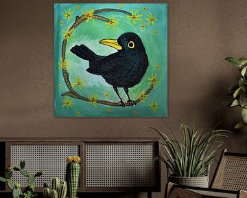 Amsel mit Zaubernuss | Fröhliche Frühlingsblüte mit schwarzem Vogel
