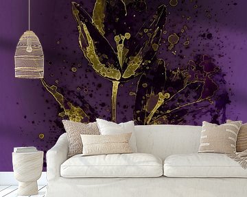 Modern bloem schilderij: Paars met gouden Tulp