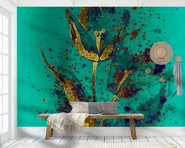Modern bloem schilderij: Blauw/groen met gouden Tulp
