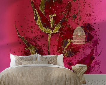 Modern bloem schilderij: Fuchsia/Rood met gouden Tulp