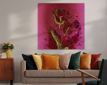 Modern bloem schilderij: Fuchsia/Rood met gouden Tulp van Studio Pieternel