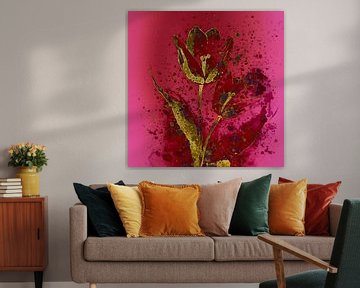 Modern bloem schilderij: Fuchsia/Rood met gouden Tulp van Studio Pieternel