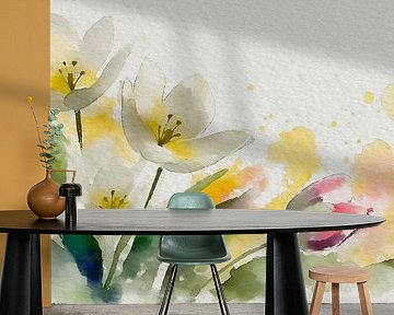 Vrolijk voorjaars schilderij: Hollandse tulpen in het veld