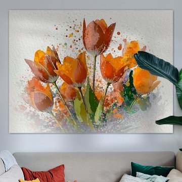 Peinture fraîche de printemps : champ de bulbes hollandais avec tulipes orange