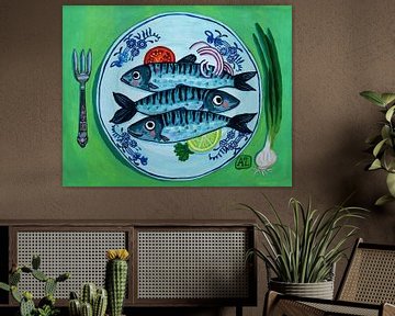Fisch auf Teller | Hip Modernes Küchenstillleben mit Delfter Blauem Teller mit Fisch