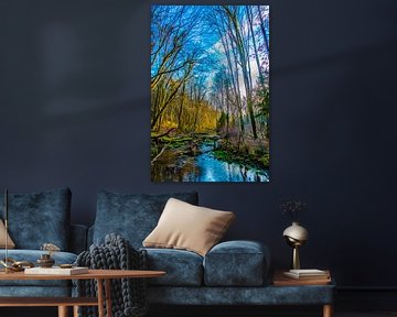 Stream with trees and shrubs in unearthly colours by Susan Hol