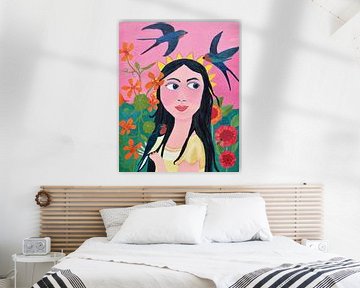 Kleurrijk Vrouwen Portret | Vrouw in tuin met Vogels Zwaluwen, Zinnia en Oost Indische Kers van Anita Letuve