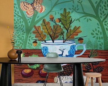 Forest walk with Delft Blue teacup with deer and trees by Anita Letuve