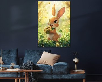 Glücklicher Hase mit Goldtopf im Sonnenlich von Pixelbull Design