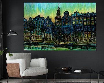 Aquarel Schilderij Kloveniersburgwal Amsterdam Bluehour van Hendrik-Jan Kornelis