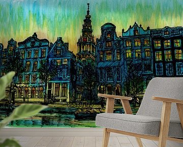 Watercolour Painting Kloveniersburgwal Amsterdam Bluehour by Hendrik-Jan Kornelis