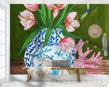 Vrolijke Tulpen in Delfts Blauwe Vaas van Anita Letuve