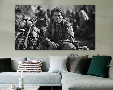 Analogue 90s street photography man with motorbike in the city Afghanistan black and white by Animaflora PicsStock