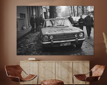 Analogue 90s street photography old car with people in the city of New York black and white by Animaflora PicsStock