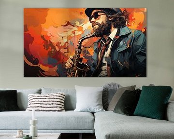 jaren '70 jazz muziek achtergrond mens met saxofoon in kunststijl van Animaflora PicsStock