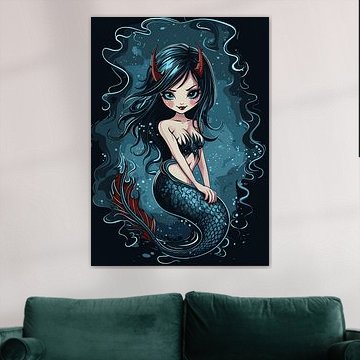 Mystical demon mermaid in dark depths