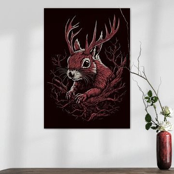 Mystisches Eichhörnchen mit Geweih in dunkler Atmosphäre