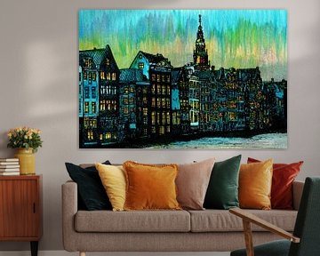 Aquarel Schilderij Damrak Amsterdam Blauwe Uur van Hendrik-Jan Kornelis