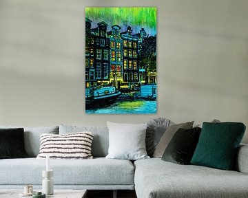 Aquarel Schilderij Brouwersgracht Amsterdam Blauwe Uur van Hendrik-Jan Kornelis