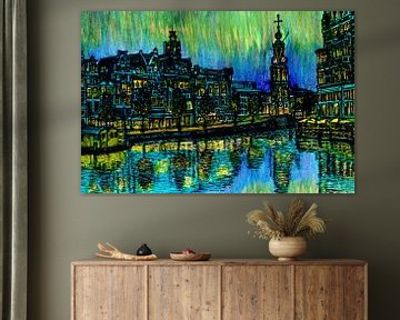 Aquarel Schilderij Amstel Munttoren Amsterdam Blauwe Uur van Hendrik-Jan Kornelis