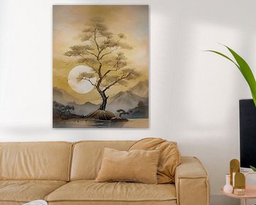 Sfeervol en sereen Japans berglandschap met ondergaande zon van Studio Pieternel