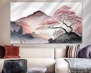 Japandi schilderij: Japans berglandschap met Bloesemboom van Studio Pieternel