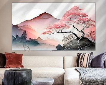 Japandi schilderij: Japans berglandschap met Bloesemboom van Studio Pieternel