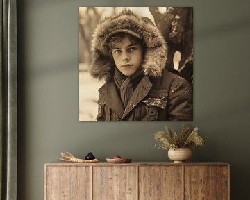 Photo of Soviet times, dashing 60s, teenager in coat and fur hat, winter, realistic photo monochrome by Animaflora PicsStock