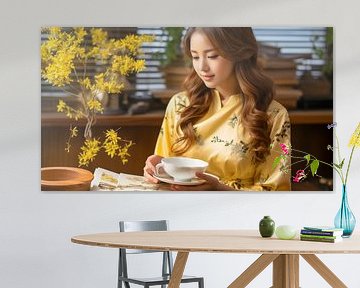Jeune femme japonaise buvant du thé dans une tasse