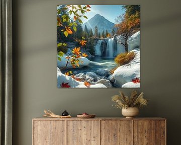 a waterfall flowing along the mountains winter.