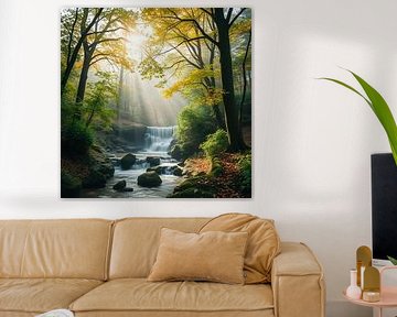 a bubbling waterfall flowing through the forest. by J.a Dijkstra