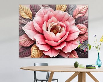 Roze bloesem met decoratieve bladeren van Artistic