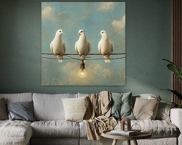 Drie witte duiven op een draad met een gloeiende lamp en blauwe lucht van Vlindertuin-Art