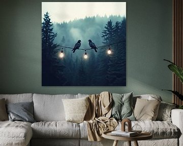 Connecting in the mist: birds and lights in the forest by Vlindertuin-Art