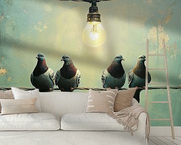 Atmospheric scene with pigeons and a lamp by Vlindertuin-Art