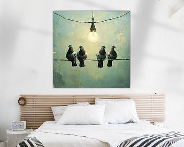 Atmosphärische Szene mit Tauben und einer Lampe von Vlindertuin-Art