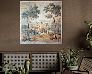 Klassieke Toscaanse fresco met heuvels en een dorpje van Vlindertuin-Art
