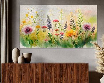 Peinture d'été atmosphérique de fleurs sauvages au bord de la route sur Studio Pieternel
