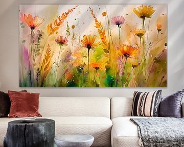 Peinture d'été atmosphérique d'un champ de fleurs orange sur Studio Pieternel