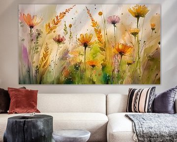 Sfeervol zomers schilderij van een oranje bloemenveld van Studio Pieternel
