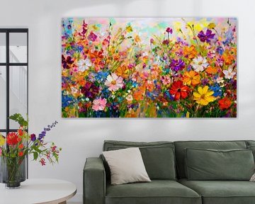 Schilderij van een bloemenveld in felle kleuren van Studio Pieternel