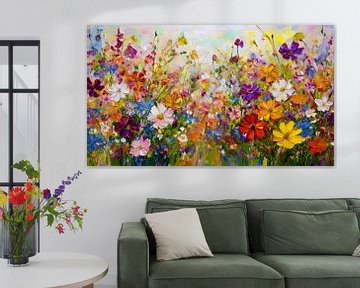 Schilderij van een bloemenveld in felle kleuren van Studio Pieternel