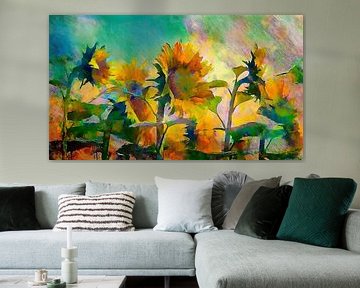 Zomers schilderij: Zonnebloemen in volle bloei. van Studio Pieternel