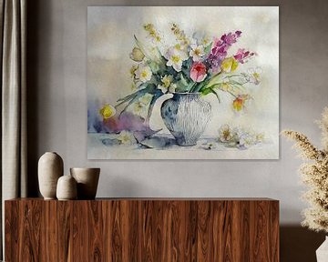Pastellfarbenes Blumenbild: Frühlingsstrauß auf Vase. von Studio Pieternel
