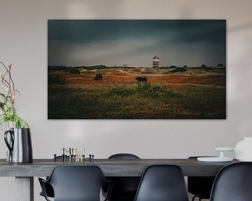 Herfstige Duinen tussen Monster en Kijkduin: Koe in het Groene en Bruine Landschap Onder een Donkere Luch van ByLulu